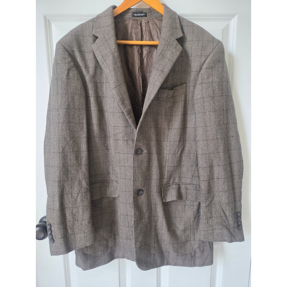 Oscar de la Renta Mens Blazer 40L Lambswool Cashmere Plaid Sport Coat Brown